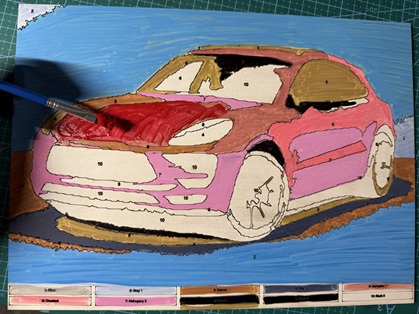Paint by number car design laser engraved on plywood